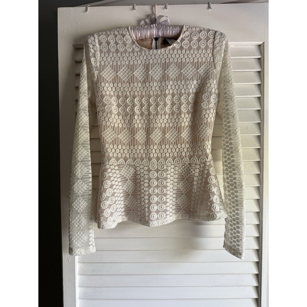 BCBG Max Azria Womens XS Estelle Ivory Lace Peplum Blouse Top Coquette Boho Chic